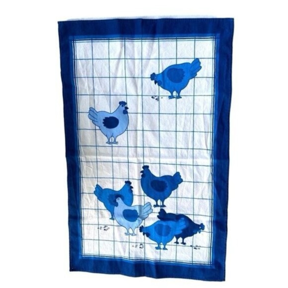 Pyramid Vintage Cotton Tea Hand Towel Blue White Chicken Print Made in Brasil - Picture 1 of 5